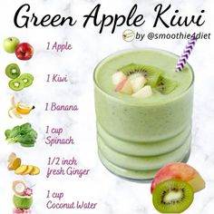 the green apple kiwi smoothie is ready to be eaten