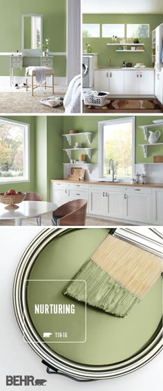 the interior of a green and white kitchen