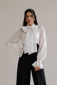 Fabric: Sheer See-through Puffed sleeve Ribbon -detail Long sleeves White Bow Shirt Outfit, Bow Shirt Outfit, Bow Blouse Outfit, High Waist Palazzo Pants, Vampire Fashion, Black Palazzo Pants, Palazzo Style, Zipper Lock, Bow Tie Blouse