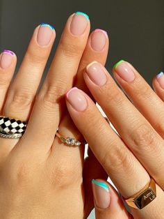 multicolored double French tips Double Colour French Nails, Nail Art Coloured Tips, Short French Color Nails, Biab Nails Tips, Bold French Tip Nails, Multi Coloured French Tips, Short Biab Nails French, Colourful Nail Tips