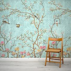 This wall mural has a stunning patterned mint background embellished with charming birds and tree branches in true chinoiserie style. Blue Chinoiserie Wallpaper, Background Birds, Kids Bedroom Wallpaper, Wallpaper Walls Bedroom, Vinyl Wall Covering, Chinoiserie Motifs, Tree Wall Murals, Turquoise Wallpaper, Nursery Wall Murals