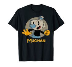 a black shirt with an image of a cartoon character in the middle of it that says,