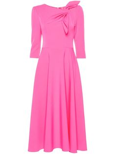 fuchsia pink stretch-design asymmetric neck bow detailing three-quarter length sleeves fitted waistline flared skirt straight hem mid-length concealed rear zip fastening Royal Clothes, Midi Dress Pink, Skirt Straight, Embellished Midi Dress, Neck Bow, Fashion Attire, Dress Inspiration, Pretty Dress, Pink Midi Dress