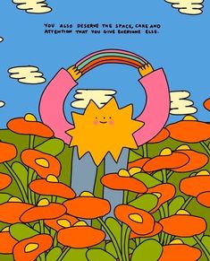 an image of a cartoon character in the middle of flowers with a rainbow on it