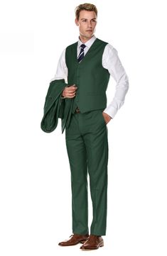 Bring understated elegance to the table in this three-piece suit crafted from rich fabric in a classic single-breasted silhouette. Jacket has notched lapels; chest welt pocket; front flap pockets Vest has front button closure; V-neck Pants have zip fly with button closure; front slant pockets; back button-welt pockets Jacket and vest are lined; trousers are lined to the knee 65% polyester, 35% viscose Dry clean Imported Each suit has a 6” drop, meaning that a size 38R jacket is paired with size