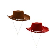 two brown and red hats with white lines on them, one has a string attached to it