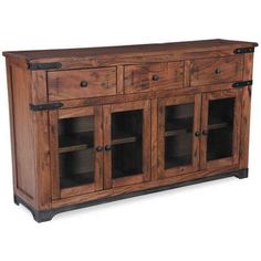 a large wooden cabinet with glass doors on the top and bottom drawers, in front of a white background