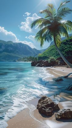 a painting of a beach with palm trees in the foreground and mountains in the background