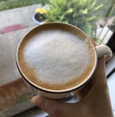 a person holding a cup of coffee in front of a window with the view outside