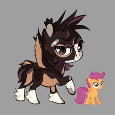 the pony is standing next to another pony with pink hair and brown eyes on it's face