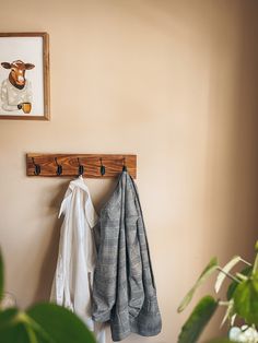 a coat rack with two coats hanging on it next to a potted green plant