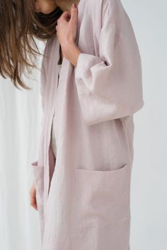 "Japanese style PETRA robe in dusty pink. - length is ± 115cm (45.3\") (depends on size) - three-quarter length kimono sleeves - wrap self-fabric twice tie belt - with pockets DETAILS: - 100 % European, pre-washed medium weight linen (205 g/m²) - the model is 180 cm (5′11″) high, wearing size S. - model measurements: bust 84 cm (33\") / waist 61 cm (24\") / hips 92 cm (36\") - color in the picture - dusty pink (you can choose other color on the right) MADE TO ORDER: All pieces are made to order, Pink Bathrobe, Linen Bathrobe, Oversized Kimono, Pockets Details, Linen Kimono, Linen Robe, Kimono Sleeves, Straight Dress, Womens Robes