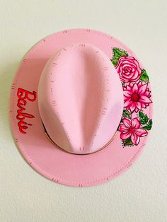 Standard brim festival style hat.  Barbie themed!  Design was burned in and painted.  One size fits all with adjustable ribbon in the brim. Custom Summer Felt Hat For Beach, Custom Wide Brim Hat For Spring, Pink Wide Brim Costume Hat For Festival, Fun Spring Rodeo Hats, Whimsical Adjustable Brimmed Sun Hat, Whimsical Sun Hat With Adjustable Curved Brim, Whimsical Sun Hat With Curved Brim, Whimsical Adjustable Sun Hat With Curved Brim, Fun Adjustable Mini Hats For Rodeo