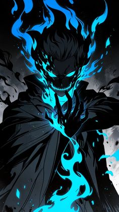 an anime character with blue flames on his face