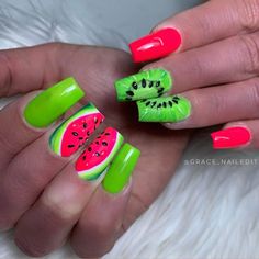 31 Cute Watermelon Nails - Ak Pal Kitchen Fruit Nail Ideas, Long Nails Square, Winter Wedding Nails, Summer Nail Ideas, Watermelon Nails