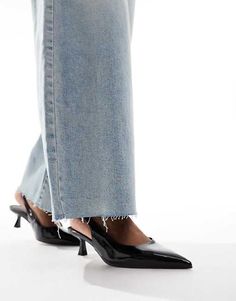 ASOS DESIGN Wide Fit Stroll slingback mid heel shoes in black patent | ASOS Black Slingback Heels Outfit, Slingback Heels Outfit, Black Slingback Heels, Mid Heel Shoes, Heels Outfits, Slingback Heel, Sling Back, Mid Heel, Heel Shoes