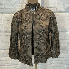 Chico's Black Lace Embellished Pockets Open Jacket NWT $179.00 Size 1 Meduim Pit to Pit 17" (Cm 43) Shoulder to Shoulder 16" (Cm 41) Sleeve length 24"(Cm 61) Length 25" (Cm 64) We will combine shipping for multiple purchases if requested.  Feel free to email if you have any questions. Thanks for looking. Visit our Ebay Store for a variety of other items. Black Brocade Long Sleeve Outerwear, Black Lace, Vest Jacket, Ebay Store, Women's Blazer, Sleeve Length, Women Accessories, Blazer, Lace