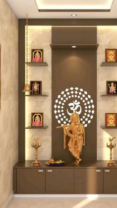 the interior of a home decorated in brown and white with an omesh statue on the wall