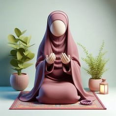 a woman sitting on top of a rug next to a potted plant in front of her