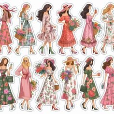 the paper dolls are all dressed up in different dresses and hats with flowers on them