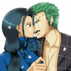 two anime characters one is kissing the other has green hair and blue eyes, while the other