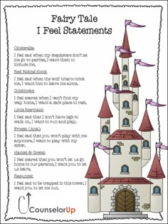 Conflict resolution - I Feel Statements for Fairy Tales. Fairy Tale Social Emotional, I Feel Statements Worksheet, I Statements Worksheet, I Feel Statements, Elementary Sel, Conflict Resolution Activities, I Statements, Social Emotional Curriculum, School Counselor Resources