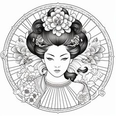 illustration of Geisha-inspired mandala for relaxation Alluring Tattoo, Lineart Coloring, Scene Princess, Blossom Tattoo, Cherry Blossom Tattoo, Ancient Myths, Japanese Geisha, Online Coloring Pages