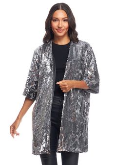 So much to love about the on-trend Sterling Sequin Kimono . . . Feather-weight and liquid, despite the fact that all-over sequins flip from Silver to Charcoal (party tricks, anyone?), we love the beautifully fluid and flowy feel. Steeped in Asian history dating to the eighth century, Kimono details remain unchanged. With a slightly dropped shoulder and oversize fit, we love how the satin-lined Sterling Sequin Kimono slips easily over all-Black separates for a quiet dinner. Over a favorite little Black dress, we'll wear it to the fanciest cocktail event. We love the wide, three-quarter length sleeves that mirror the loose-fitting 33" silhouette. Cheers for the convenient side seam pockets and velvet facings. Raise a glass to the Sterling Sequin Kimono and its cool elevated aesthetic. Sequin Kimono Outfit, Sequin Kimono, Kimono Outfit, Fancy Cocktails, Fabulous Furs, Asian History, Cocktail Event, Fake Fur, Summer Fashion Outfits