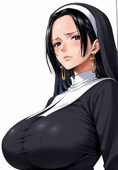 an anime character with long black hair and big hoop earrings