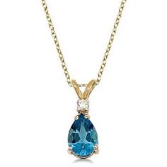 Pear Blue Topaz & Diamond Solitaire Pendant Necklace 14k Yellow Gold - Allurez.com Hair Items, Diamond Solitaire Pendant, Topaz Birthstone, Solitaire Diamond Pendant, Trending Necklaces, Solitaire Pendant Necklace, Semi Precious Jewelry, Pendent Necklace, Sapphire Pendant