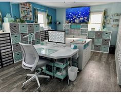 an office with lots of drawers and desks