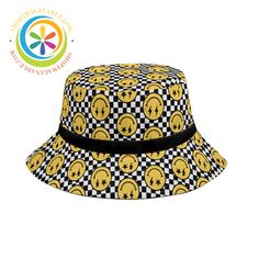 Show off your bright, playful spirit with the Happy Face Bucket Hat! This lightweight hat features a black and yellow checkered pattern covered in cheerful happy faces. Make a bold statement and spread joy wherever you go in this bright and quirky hat. Great for both men and women, it adds a fun pop of color and personality to any outfit. With its happy face print and vibrant colors, this hat is sure to put a smile on your face. Gift one to a friend to help them embrace the whimsical and delightfully playful. Ditch the dull and boring - the Happy Face Bucket Hat will liven up your look! We create Funky Hats for EVERYONE which look amazing all the time...Wear them out for any occasion, any condition - new or old and of course, at any time of the year! Live life in full color with our Bucket Yellow Checkered, Funky Hats, Happy Faces, Face Print, Black And Yellow, Happy Face, Checkered Pattern, Hat Making, The Happy