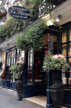 an outside view of a restaurant with potted plants on the front and side windows