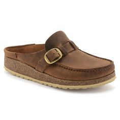 The BIRKENSTOCK Buckley is a moccasin-style clog with a unique integrated molded cork latex footbed for ultimate comfort and all day support. This version comes features a fully adjustable in step strap and EVA sole that provides additional cushioning. The upper is made from oiled nubuck leather. Anatomically shaped cork-latex footbed Oiled leather upper, colors may vary Footbed lining: suede Sole: EVA Details: Fully adjustable in step strap “Made in Portugal” Footbed Made in Germany Birkenstock Buckley Clog, Birkenstock Buckley, Birkenstock Styles, European Shoes, Moccasins Style, Birkenstock Women, Leather Moccasins, Zermatt, Eva Sole