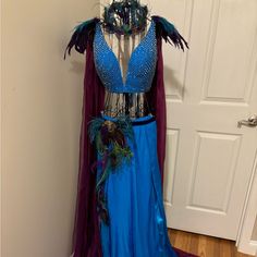 a blue dress with feathers on it is hanging up next to a white door in a room