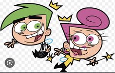 two cartoon characters, one with green hair and the other with pink hair