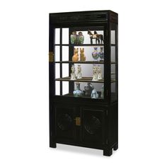 40in Elmwood Longevity Design China Cabinet. A grand curio cabinet to display your treasured collectibles. Hand carved longevity emblems decorates the entire Elmwood cabinet by artisans in China. Mirror, lights, and three adjustable shelves for the upper cabinet. Two doors provide additional storage space with a removable shelf inside. Hand applied rich black ebony finish. Curio display cabinet. China Cabinet Black, Awesome Rugs, Asian Cabinet, Curio Display, Upper Cabinet, Mirror Lights, Asian Furniture, China Furniture, Display Cabinets