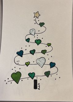 a drawing of a christmas tree with hearts on it