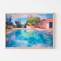 an oil painting of a pool in front of a pink house with trees and bushes