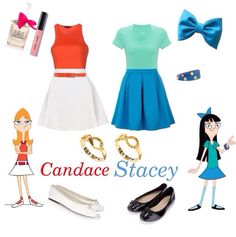 an assortment of cartoon character costumes including shoes, rings and necklaces with the words candice stacey written on it