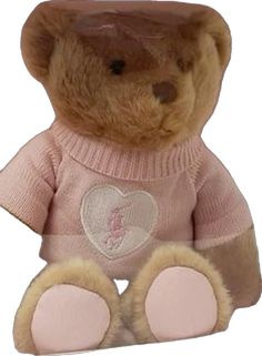 a brown teddy bear wearing a pink sweater and heart on it's chest,