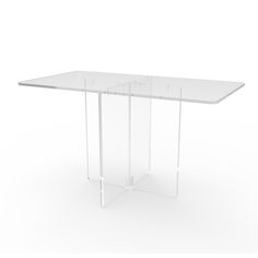 a glass table with two legs and a white top on a white background is shown