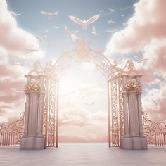 an open gate with birds flying in the sky and clouds above it, on a sunny day