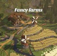 an aerial view of a farm with windmills in the background and text that reads fancy farms