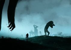 the silhouettes of people standing in front of an evil creature with their hands up