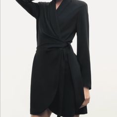 Black Blazer Style Wrap Dress From Zara! New With Tags! Never Worn - Just Don’t Love How It Looked On Me! Black Blazer Style, Style Wrap Dress, Zara Short Dress, Zara Mini Dress, Gathered Dress, Satin Long Sleeve, Blazer Style, Cottagecore Dress, Zara New