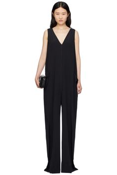 Black Walrus Jumpsuit by Rick Owens on Sale Sleek V-neck Jumpsuits And Rompers For Work, Elegant Wide Leg Jumpsuits And Rompers With Pockets, Chic Formal Jumpsuits And Rompers With Pockets, V-neck Jumpsuits With Pockets For Night Out, V-neck Jumpsuit With Pockets For Night Out, V-neck Jumpsuits And Rompers With Pockets For Night Out, Sleek Formal Jumpsuits And Rompers With V-neck, Sleek Formal V-neck Jumpsuits And Rompers, Elegant Overalls With Pockets