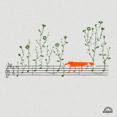 an orange fox is walking across a wire fence with flowers and music notes on it