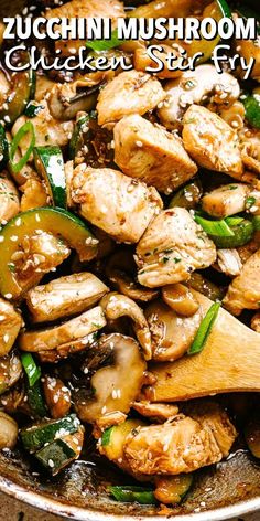 chicken stir fry with mushrooms and green peppers in a skillet on the stove top text overlay reads zucchini mushroom chicken stir fry