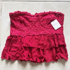 Brand New With Tags. Lovely In Lace, This Stunning Cami Is Featured In A Strapless, Tiered Silhouette With Smocked Detailing At The Back For Effortless, Pull-On Ease. Lace Piecing Straight Neckline Seamed Bust For Added Support Size: Medium And Xs Summer Lace Bandeau Crop Top, Summer Lace Tube Top For Night Out, Flirty Red Tube Top For Spring, Red Strapless Fitted Crop Top, Red Fitted Strapless Crop Top, Red Strapless Crop Top For Spring, Red Bandeau Tube Top For Spring, Red Tube Top For Spring Night Out, Red Tube Top For Summer Night Out